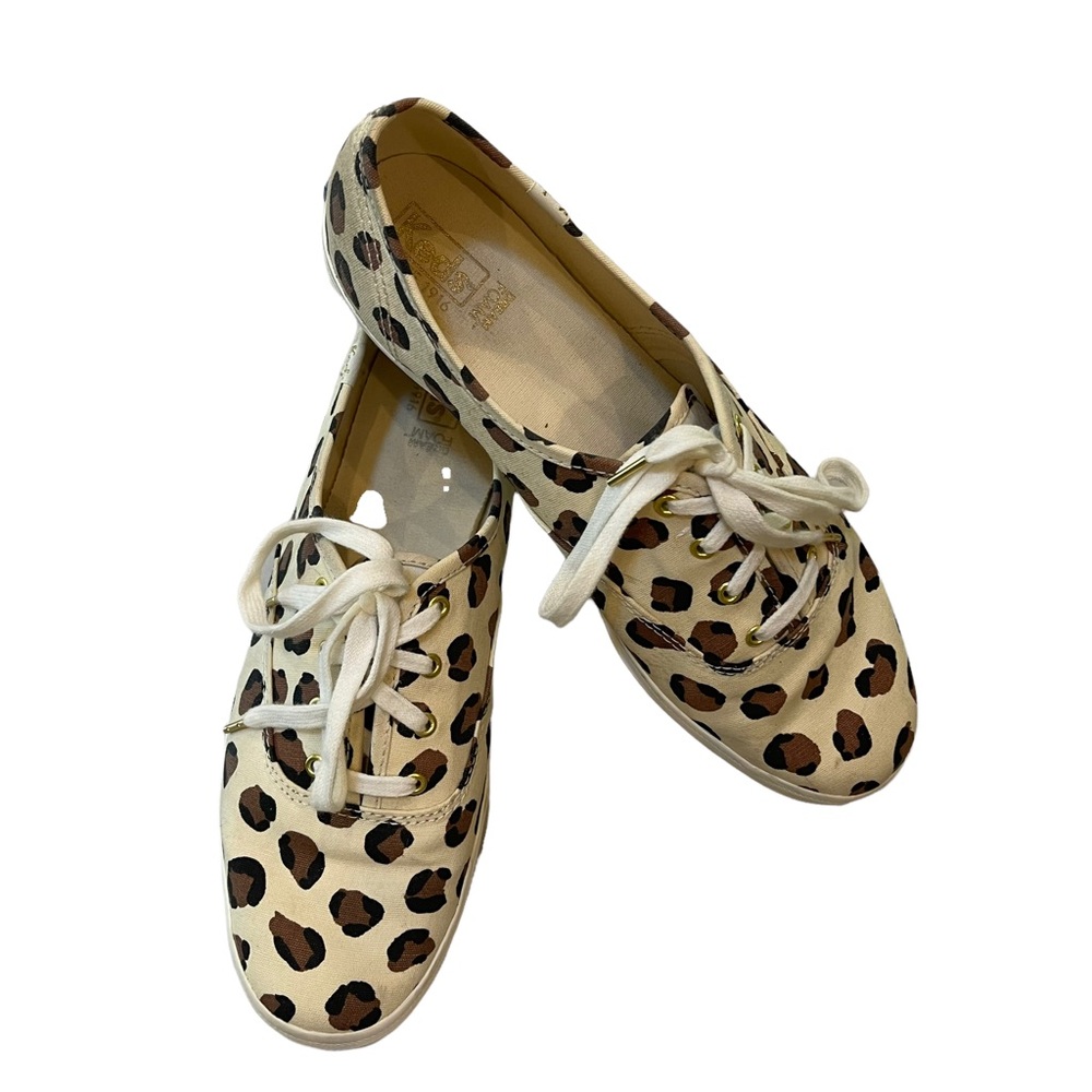 Kate Spade + Keds canvas animal print lace up casual sneakers cream/brown sz 10 - Picture 1 of 16